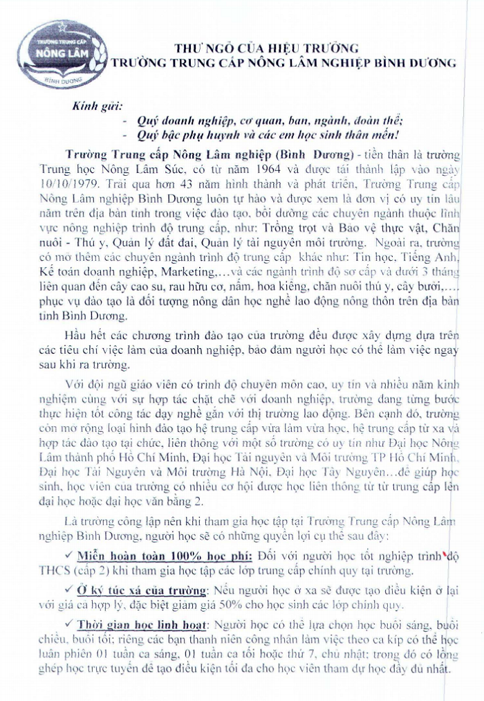 Thư ngỏ của Hiệu trưởng Trường Trung cấp Nông lâm nghiệp